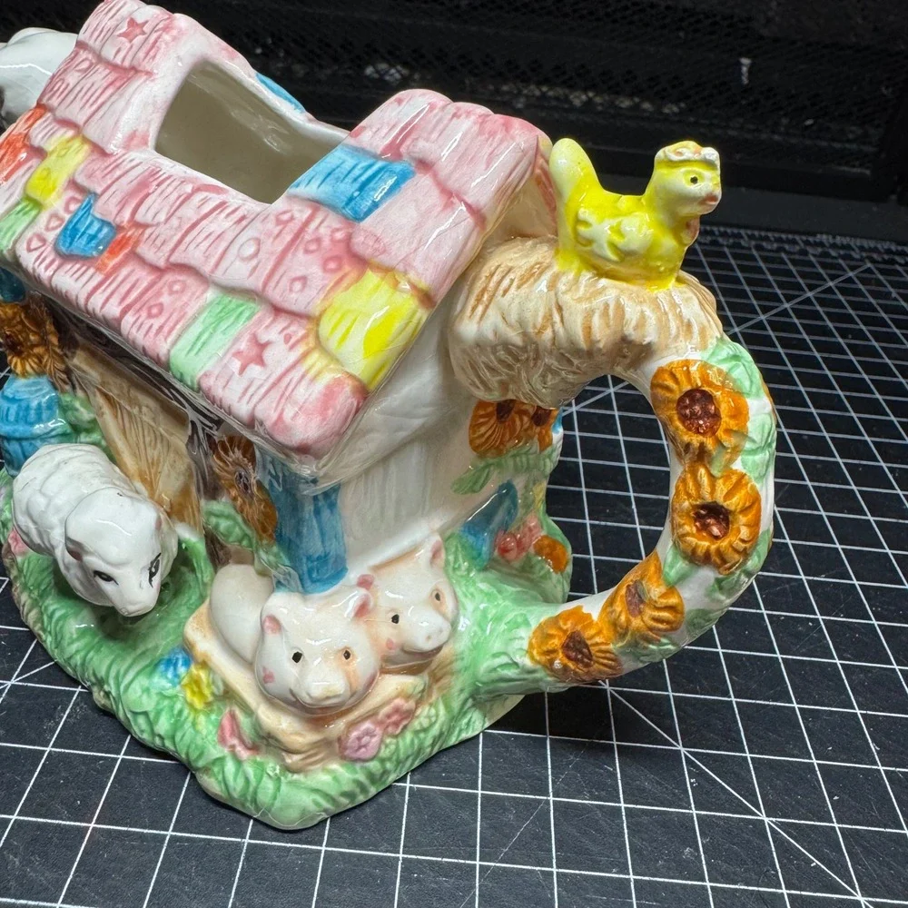 Vintage 1994 Mercuries Farm Barn Teapot Set with Tray and 4 Plates Cow Pig Sheep